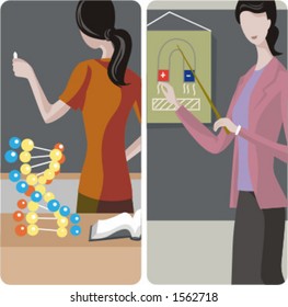 Teacher illustrations series. 1) Teacher teaching a class and writing on a blackboard in a classroom. 2) Physics teacher teaching a class in a classroom.