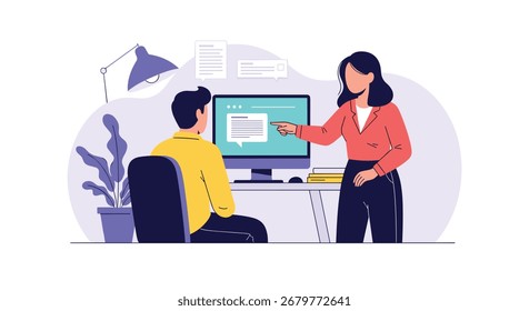 Teacher instructing student at the computer for learning.