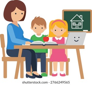 Teacher instructing two children at a desk with a laptop, book, and apple. Represents education, learning, and childhood.