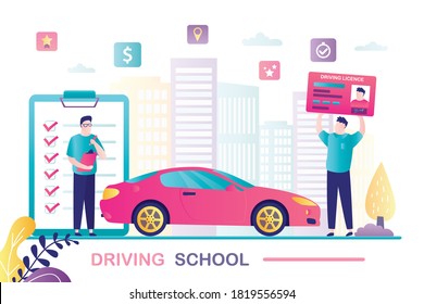 Teacher or instructor controls quality of training. Male student holds driver licence. Happy new driver after passing driving test. Modern vehicle near. Driving school banner. Flat vector illustration