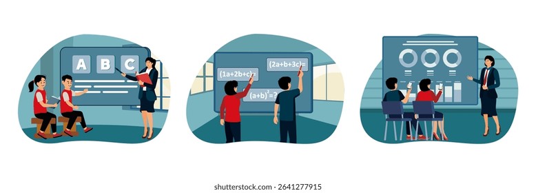 A teacher instructs students in a classroom setting. Two Students collaborate to solve algebraic equations. Student response system concept. A teacher presents Student response system data to students