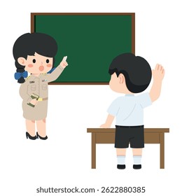 Profesor interactuando con estudiante en la caricatura del aula