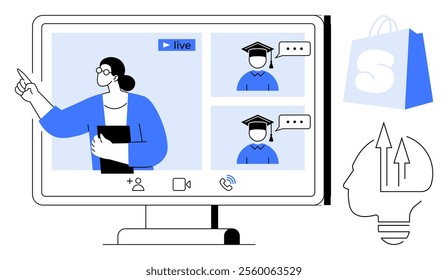 A teacher interacts online with students in graduation caps via a live session on a computer screen. Ideal for online learning and virtual meetings and remote education and webinars and digital