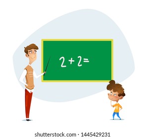 Teacher and kid in classroom. School lesson. Vector illustration