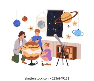 Teacher and kids in astronomy classroom, class. Children studying cosmos, space at school lesson. Teaching about planets, universe for pupils. Flat vector illustration isolated on white background