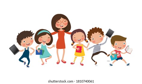 Teacher and kids back to school, education, vector, illustration