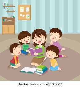 Teacher and kids, Children enjoy listening to stories teacher reading books.