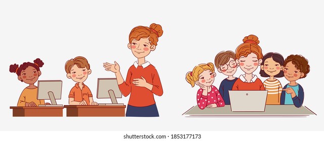 Teacher with kids in computing class. Concept of informatics lesson at school. Group of school kids with teacher looking at laptop in the classroom