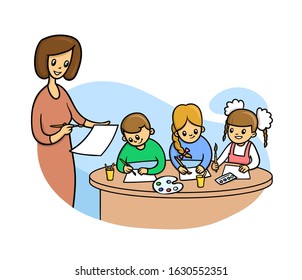 Teacher and kids in drawing class. Children and art education. Flat vector illustration, isolated on white background.