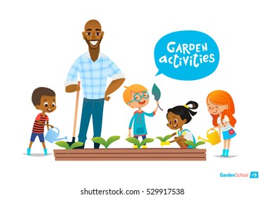 Teacher And Kids Engaged Gardening In The Backyard. Girl Watering Flowers In The Garden. Eco Concept. Montessori Education Concept. Organic Gardening. Vector Illustration.