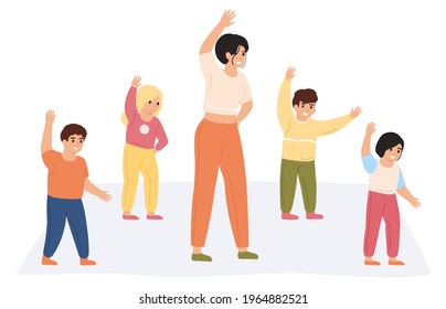 Teacher and kids exercising. Preschool teacher doing gymnastics together with pupils isolated vector illustration. Kindergarten physical activity. Teacher activity exercise, education and learning