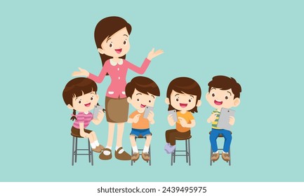 teacher and kids learning computer technology education courses
