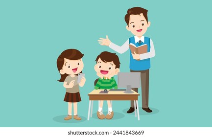 teacher and kids learning computer technology education courses