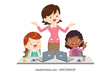 teacher and kids learning computer technology education courses