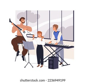 Teacher and kids in music class, school lesson, rehearsal. Tutor teaching children students to play instruments in classroom with guitar, synth. Flat vector illustration isolated on white background