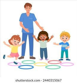 Teacher and kids outdoor play jumping hopscotch game which is for gross motor development of children. Flat vector illustration.