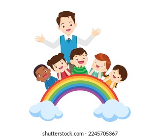 teacher and kids sitting together around the rainbow with happy ,Globe education concept