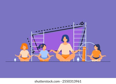 Teacher and kids sitting in yoga pose isolated flat vector illustration. Cartoon instructor and children doing exercise in gym. Healthy lifestyle, sport and interior concept