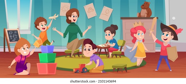 Teacher in kindergarten. Education lesson for kids in playground room children sitting and listening teacher playing with toys exact vector cartoon background
