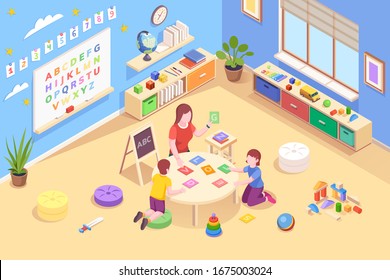 Teacher at kindergarten with kids learning alphabet. Children study letters and words for reading. Isometric vector kinder playroom interior. Woman teaching boys and girls ABC on chalkboard. Preschool