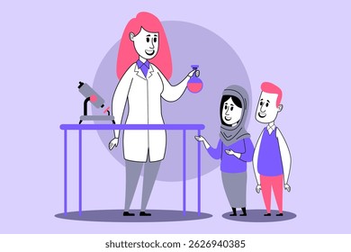 Teacher in lab coat holding colorful flask while engaging two students. Interest in science through collaborative learning and observation concept