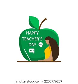 A teacher with a laptop conducts online lessons. Teachers' Day.