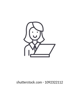 Teacher with laptop linear icon concept. Teacher with laptop line vector sign, symbol, illustration.