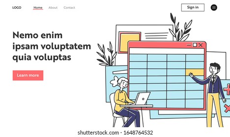 Lehrer mit Laptop am Arbeitsplatz im Unterricht. Student Präsentation Projekt flach Vektorillustration Illustration. Lehre, Schule, Bildungskonzept für Banner, Website-Design oder Landing-Webseite