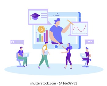 Teacher Lead Course Online Student Look at Monitor. Distance Learning. Online Training. Men with Laptop on Background Tablet. White Background and Icon. Vector Illustration. Teacher on Tablet Screen.