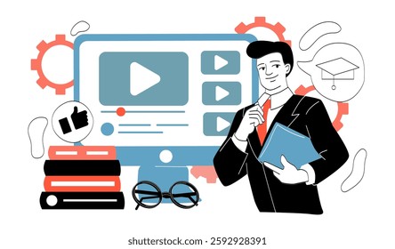 Teacher lead online lecture. Man near computer monitor and stack of books. Remote education and learning. Distant training. Courses and webinars. Linear vector illustration
