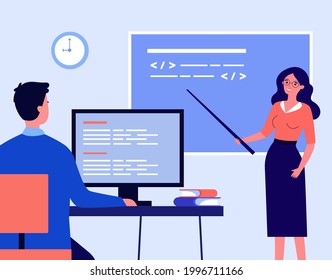 Teacher leading lesson flat vector illustration. Woman standing at blackboard with pointer and student listening to lecture, sitting at computer. Computer, science, lesson, lecture, education concept