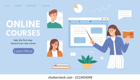 Teacher leads webinar. Online courses landing page, web banner or internet profession concept. Flat vector illustration.