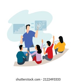 teacher is learning a lesson to the students in digital way. Prevention covid-19. Technology. Education in modern era. Flat vector design illustration.