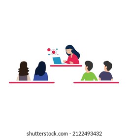 teacher is learning a lesson to the students in digital way. Prevention covid-19. Technology. Education in modern era. Flat vector design illustration.