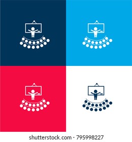 Teacher lecture in front an auditory four color material and minimal icon logo set in red and blue