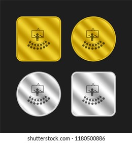 Teacher lecture in front an auditory gold and silver metallic coin logo icon design