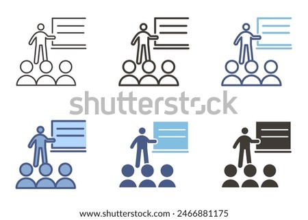 Teacher lecture in school icon. Classroom with students learning, education workshop vector graphic elements
