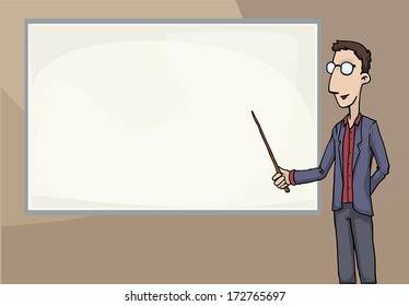 teacher, lecturer, business man pointing at a white board, presentation, vector illustration