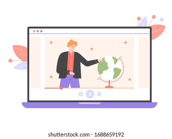 Teacher lecturer and globe on laptop screen. Online training, courses and webinars. Vector flat illustration.