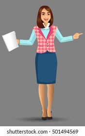 Teacher or lecturer in a pose presentation with papers, vector illustration