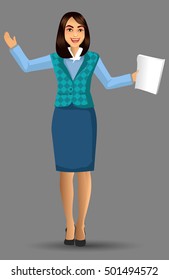 Teacher or lecturer in a pose presentation with papers, vector illustration