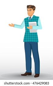 Teacher or lecturer in presentation poses, isolated on white background vector illustration