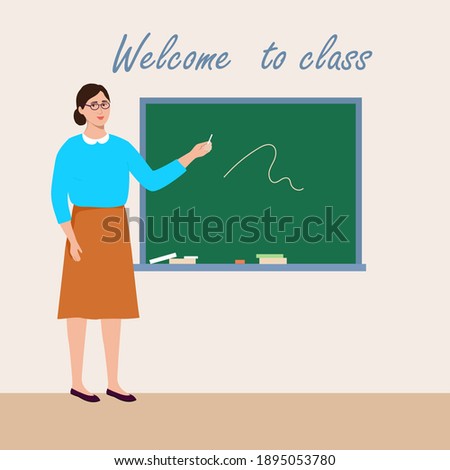 The teacher at the lesson at the blackboard in the classroom.Vector illustration.