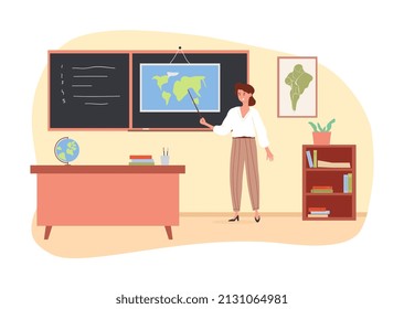 Teacher at lesson. Person points at map with pointer. Education and geography. Woman giving homework to students. Distance learning, chalkboard and exercises. Cartoon flat vector illustration