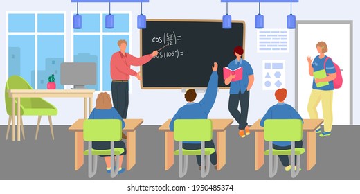 Teacher at lesson, student children study for education, vector illustration. School class with blackboard for boy girl child character.