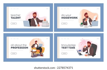 Teacher Life Landing Page Template Set. Male Tutor Checking Homework or Test, Prepare Tutorial Plans and Educational Materials, Work on Laptop Sitting at Desk. Cartoon People Vector Illustration