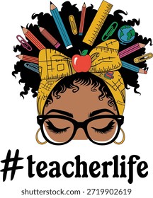 Ilustração do vetor de vida do professor com mulher afro, óculos e material escolar
