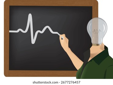 Professor com lâmpada como cabeça desenhando onda sinusoidal no quadro-negro, representando conhecimento, inovação e educação