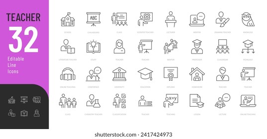 Teacher Line Editable Icons set. Vector illustration in modern thin line style of education related icons: teachers of scientific subjects, literature and arts, learning process, and more. Isolated on