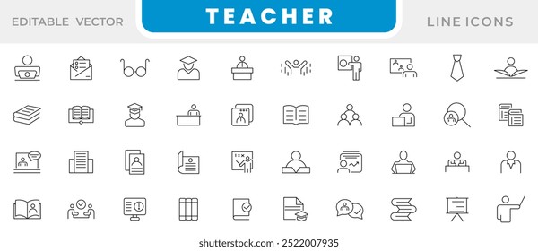 Conjunto de ícones de linha de professor. Conhecimento, E-learning, vídeo tutorial, estudo, escola, universidade, webinar, professor, escola, criatividade, conjunto de ícones da linha da sabedoria. Pacote de ícones de linha fina da interface do usuário.